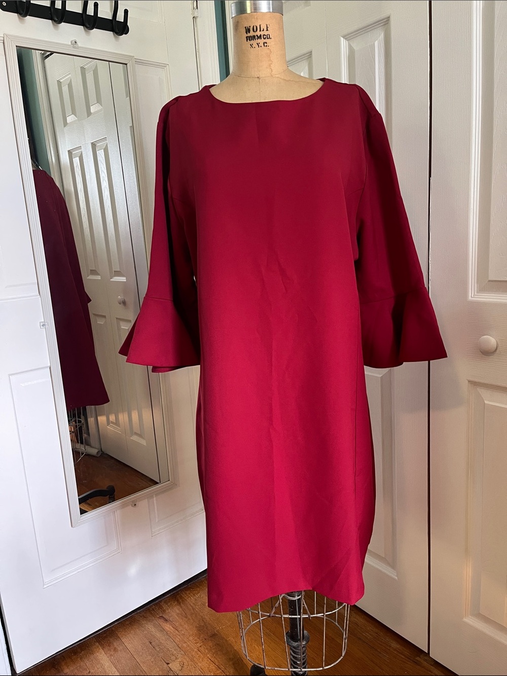 Charlie Paige Deep Red Bell-Sleeve Midi Shift Dress